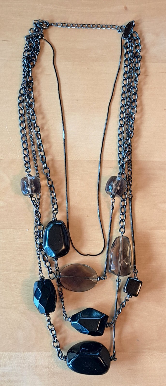 Vintage Bold Chunky Black/Gray Faceted Faux Stones Multi-Strand Necklace