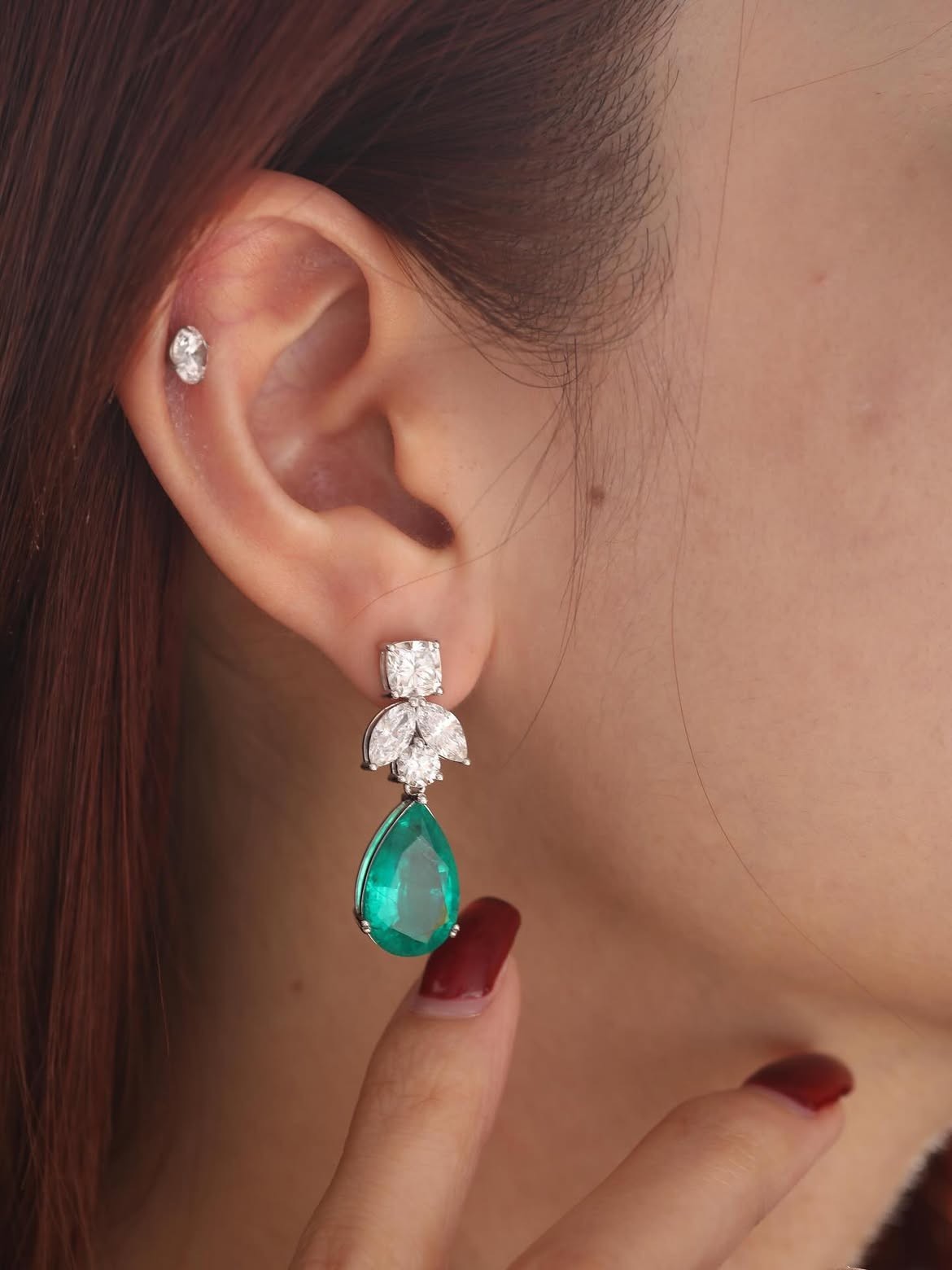 Premium 6.50 Ct Pear Cut Natural Emerald Diamond Stud Earrings 14K White Gold
