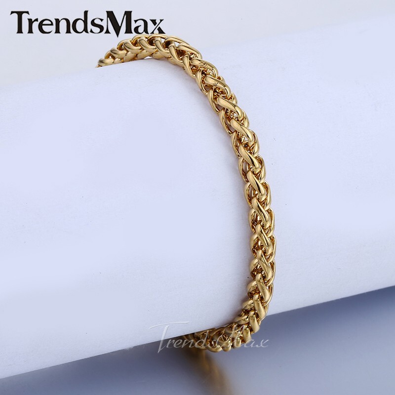 3.5mm 7″ Men Women Chain Gold Plated Stainless Steel Braided Wheat Link Bracelet