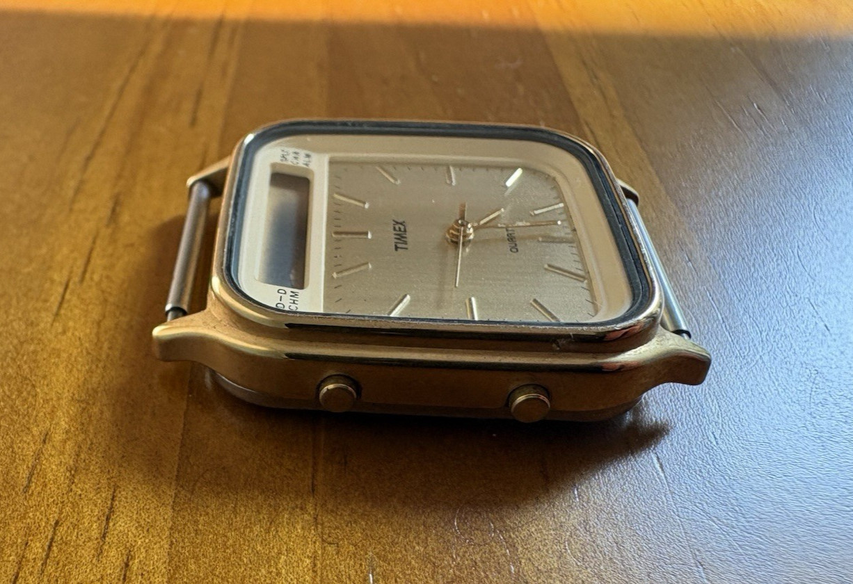 Vintage Timex 392 K Cell Watch Square Gold Tone Ana-Digi Alarm Chronograph