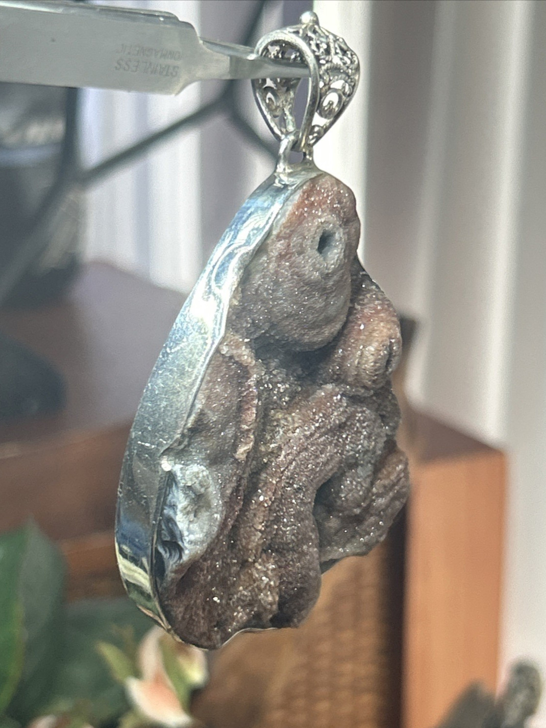 57. Vintage 925 Sterling Desert Chalcedony Druzy Crystal Pendant 85mm, 58.4g