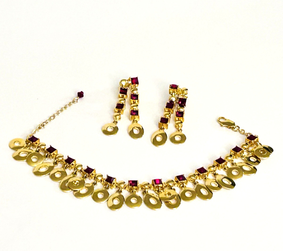 Vintage Set Red Rhinestone Gold Tone Bracelet Pierced Earrings Signed JJJ Dangle