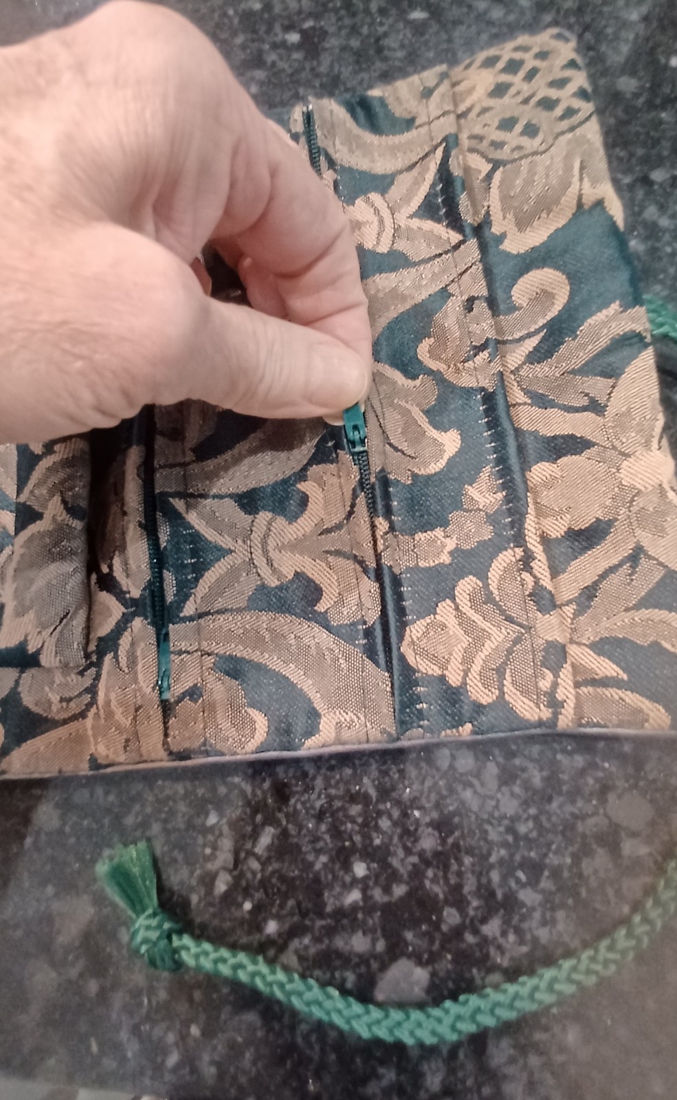 Vintage New Jewelry Roll, Travel Jewelry Roll Bag, Damask Green and Tan