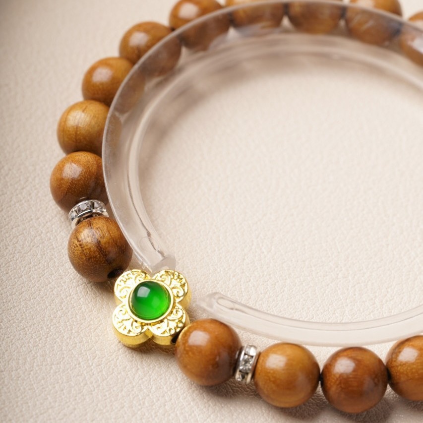 Round Golden Nanmu Meditation Bracelet Buddhist Prayer Beads for Men and Women