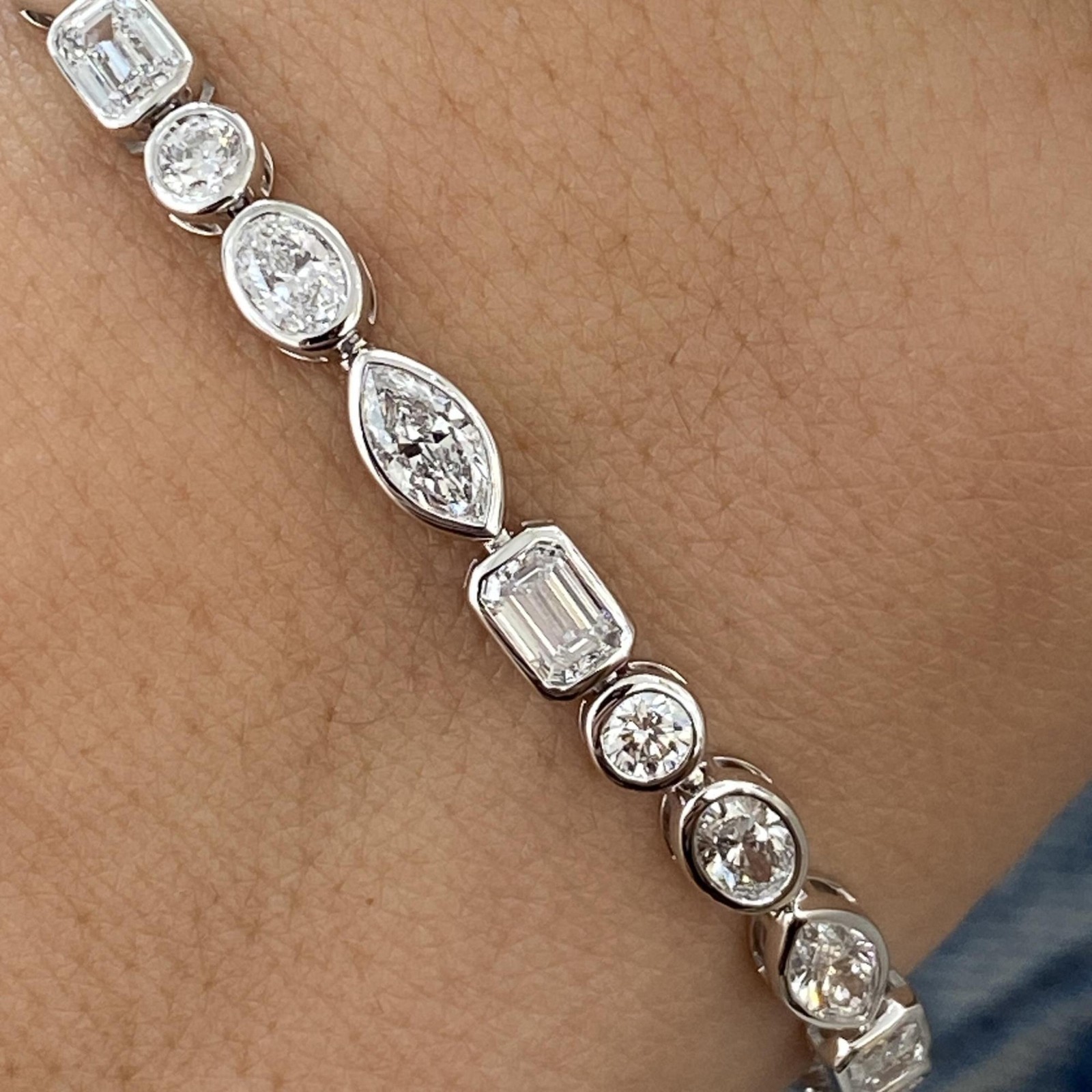 Lab Grown Diamond Multi Cut Bezel Style Tennis Bracelet 14k Solid White Gold