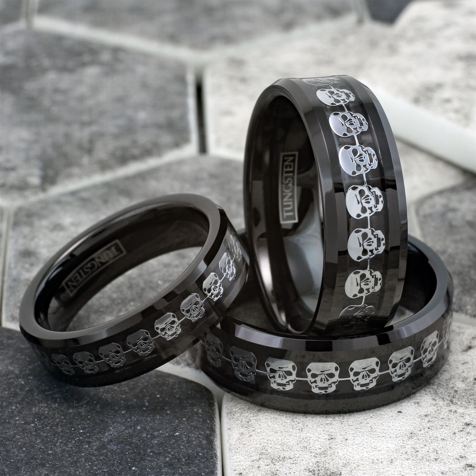 Black Tungsten Carbide Men’s Silver Skull over Carbon Fiber Wedding Band Ring