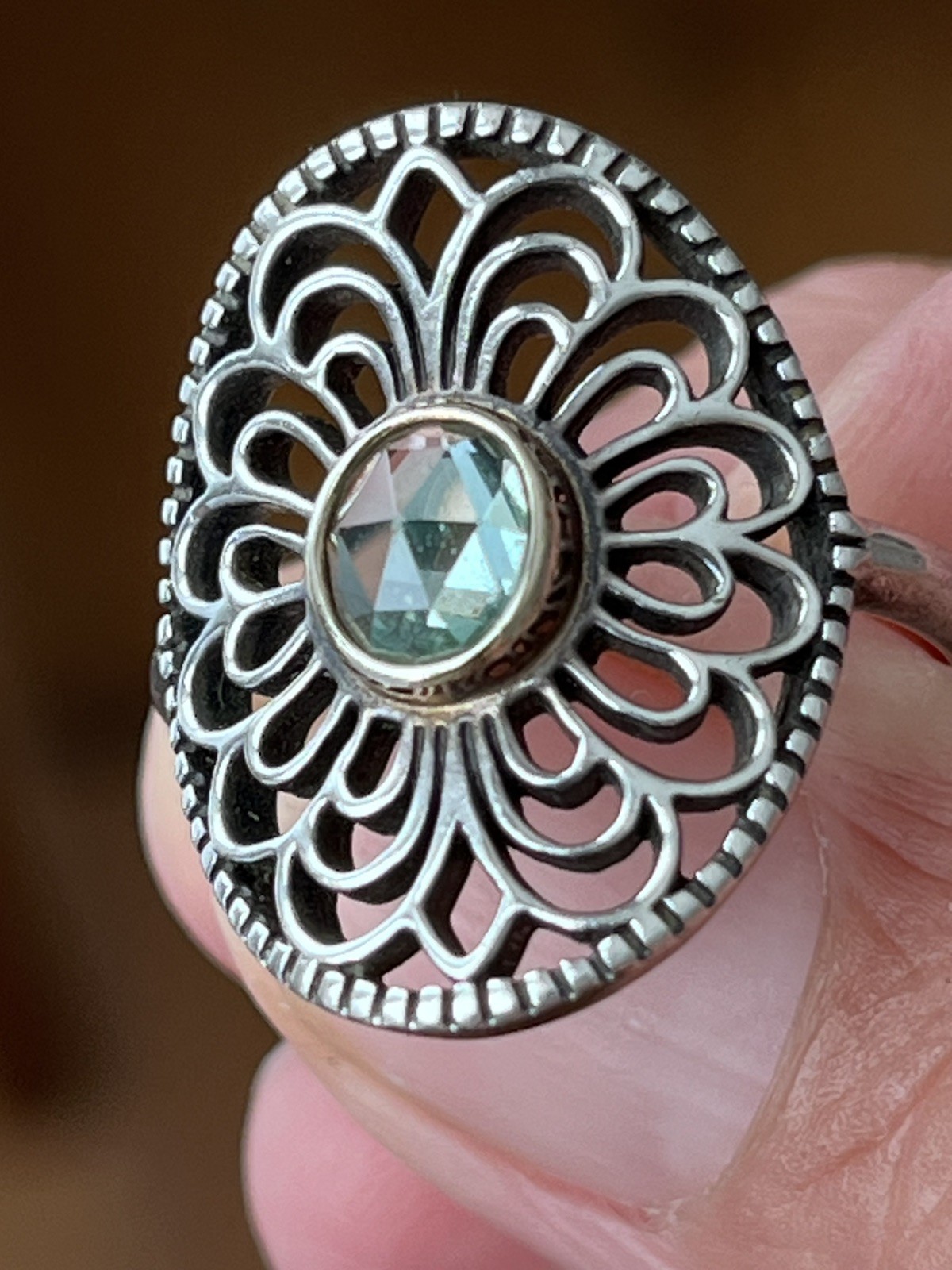 925 Sterling Silver Pandora Allure Green Quartz Filigree Cocktail Ring Size 7.5