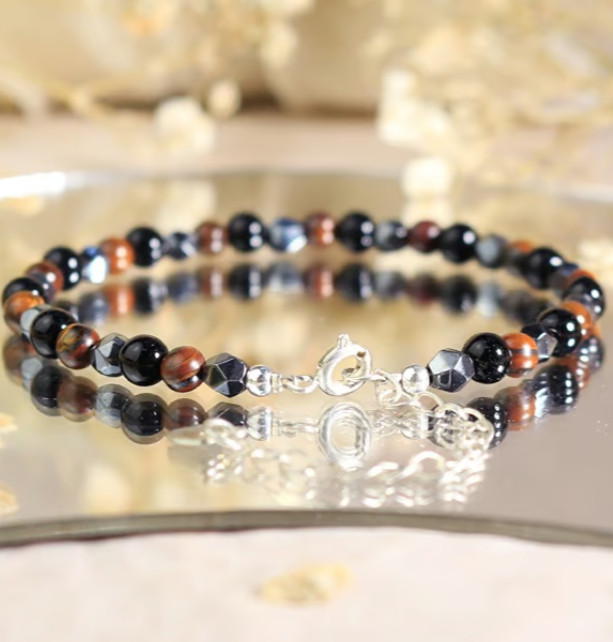 Tiger Eye Obsidian Hematite Bracelet – Triple Protection, Dainty Minimalist Bead