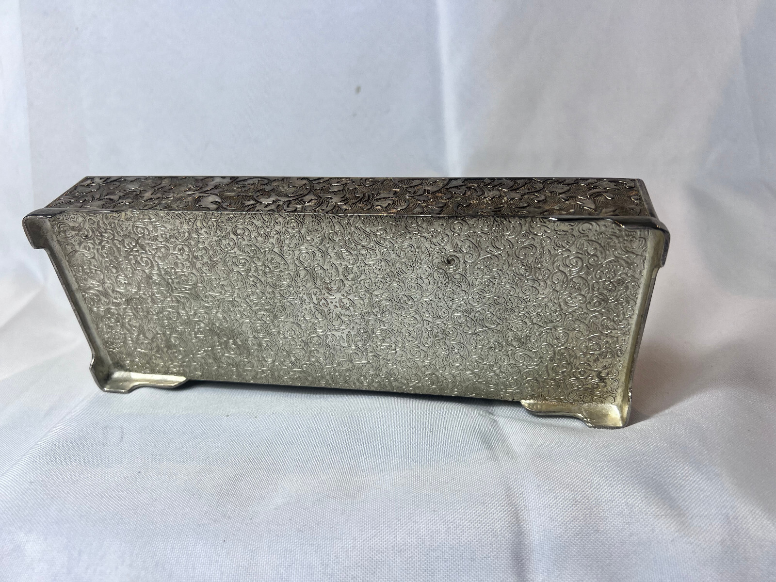 Vtg Silver Tone Jewelry Box Mirrored Dresser Vanity Table Top Lined Case