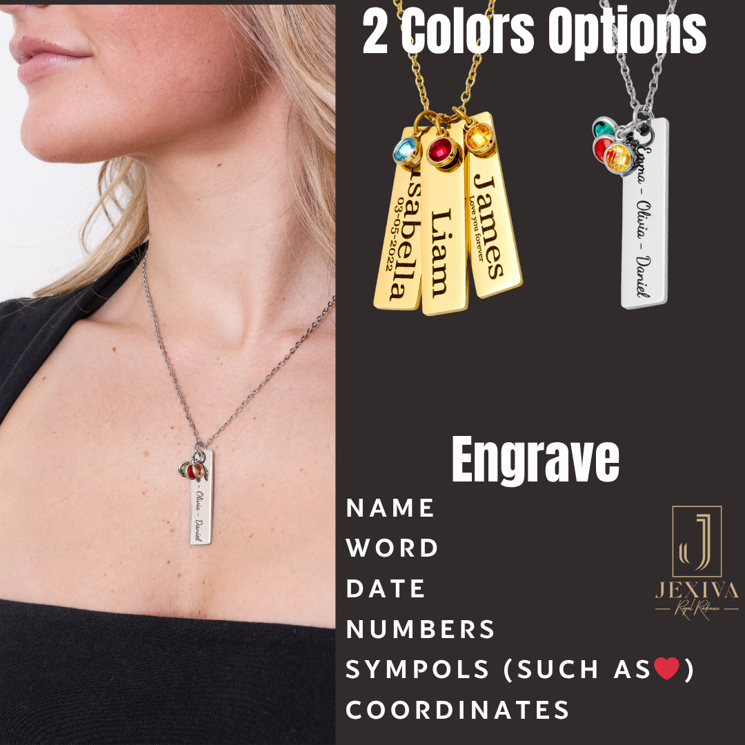 Necklace – Personalized Name Engraved Bars With Birthstone for Women/Men