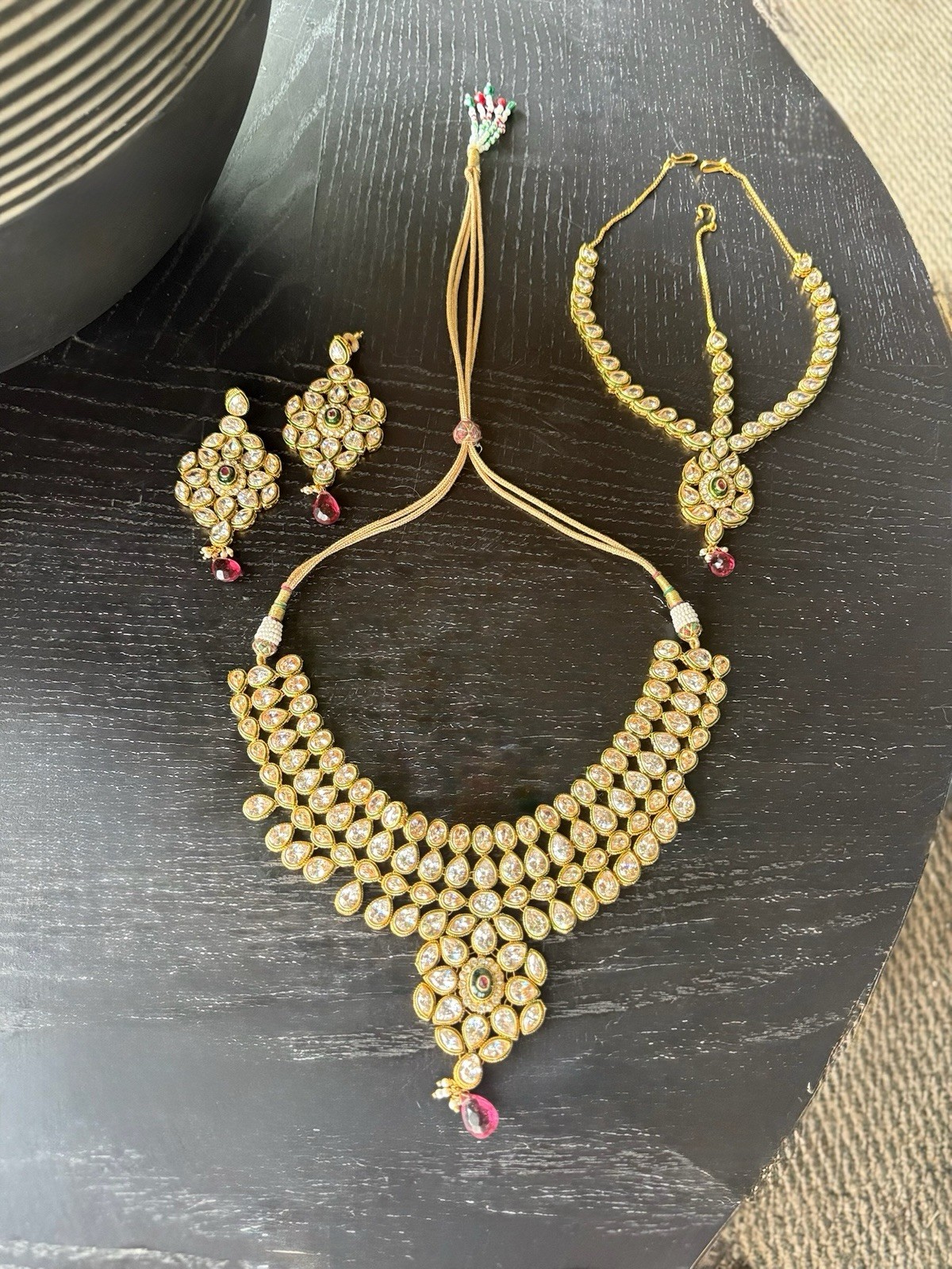 Indian Traditional Green Gold Beads Bridal Kundan Layered Necklace Earring Set