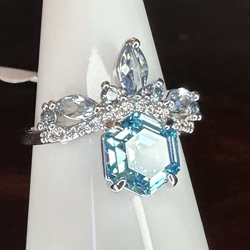 Bomb Party Ring- 7449- Simulated Aqua Blue CZ- Size 7- Rhodium Plated