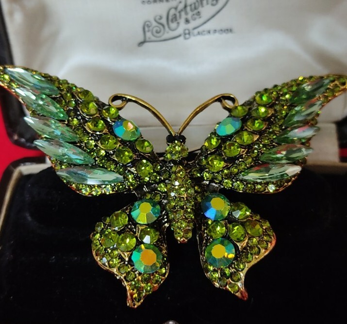 Vintage Style Large Green Crystal Butterfly Brooch Pin
