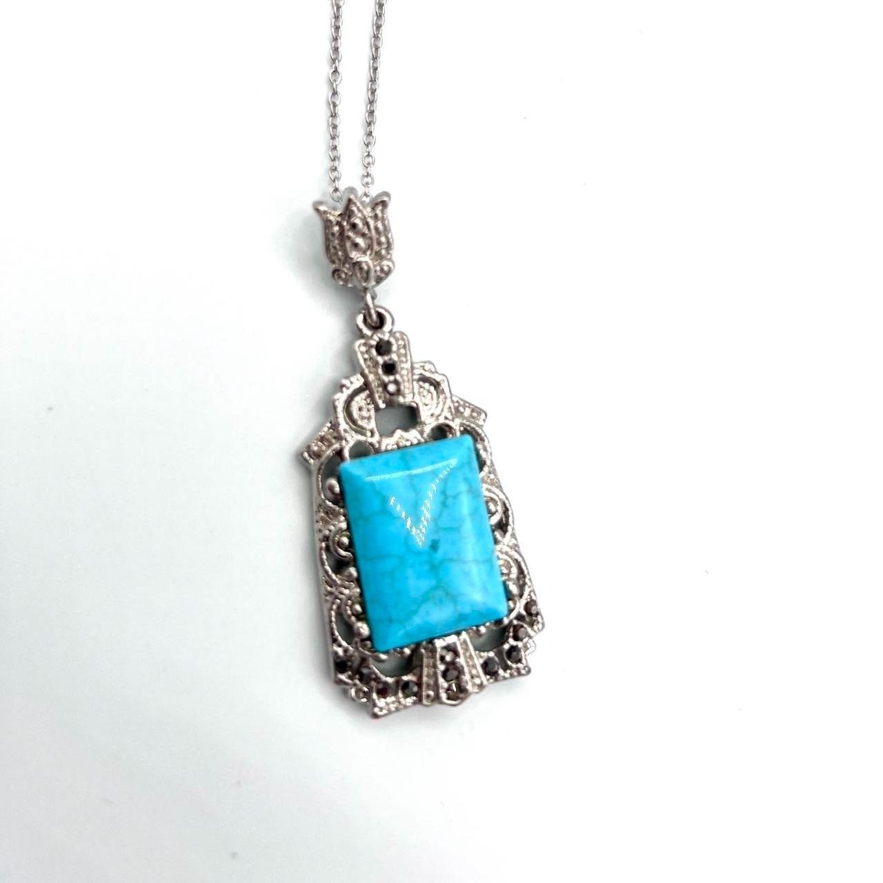 Vintage Style Silver Faux Turquoise Marcasite Pendant Necklace 18” Art Deco Rev