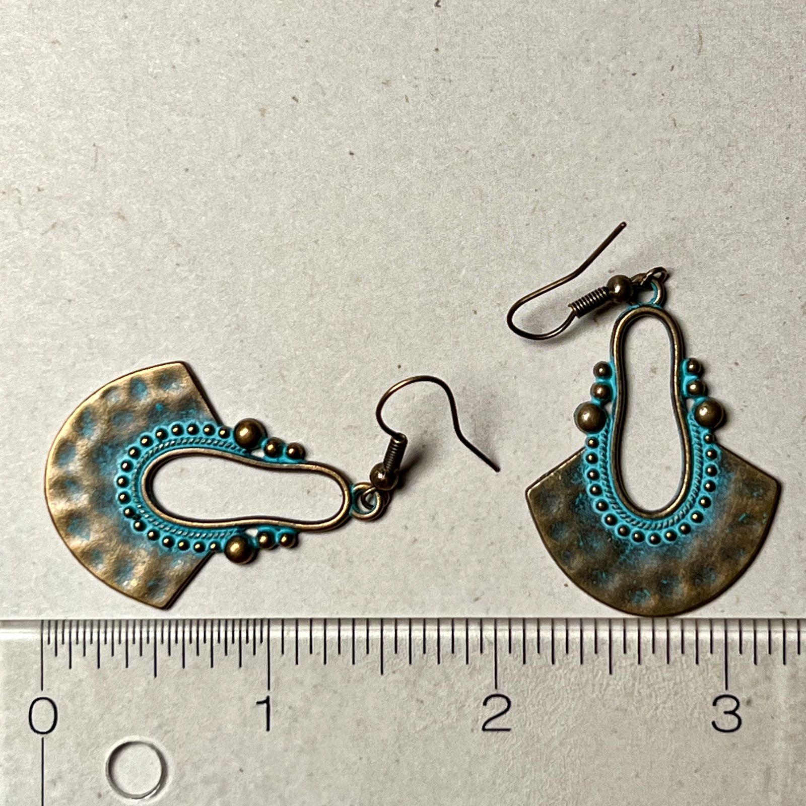 Copper Tone With Etched Patina Fan Dangle Earrings. Artisan. French Hooks. S626
