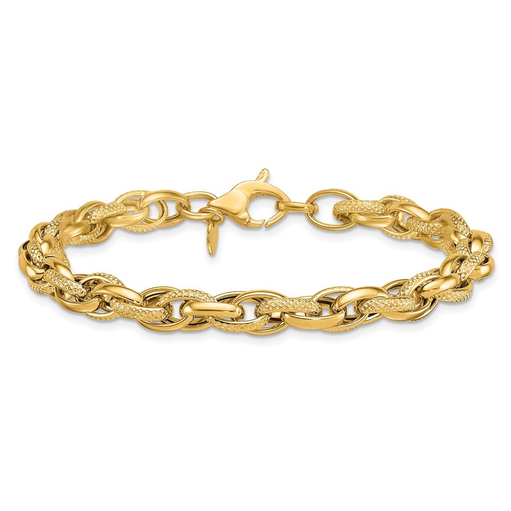 18K Yellow Gold Polished and Textured 6.3mm Fancy Link 7.5 in Bracelet