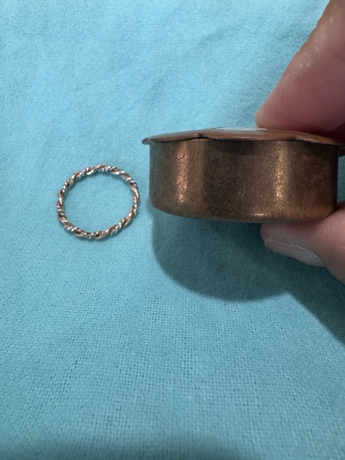 Vintage tiny sliver and gold twisted Ring and Mother of Pearl Pure Brass Box