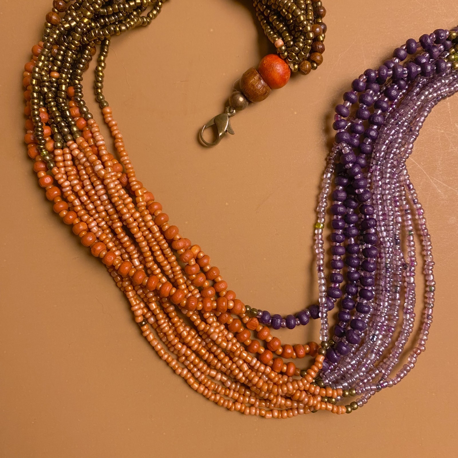 Tribal Boho Earth Tone Multi Strand Glass Wood Seed Beaded Torsade Necklace