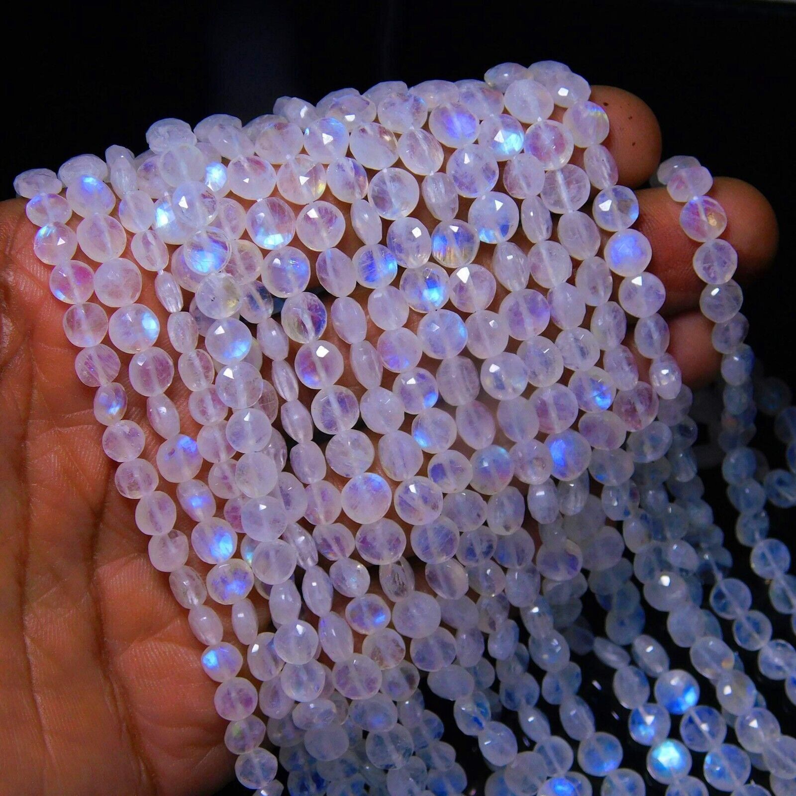 Natural Blue Fire Rainbow Moonstone Faceted Coin Shape Beads 13″ Strand