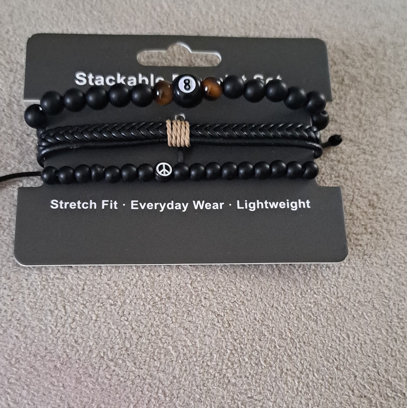 Black Stackable Beaded Wrap Cord Bracelets Slide Stretch Peace