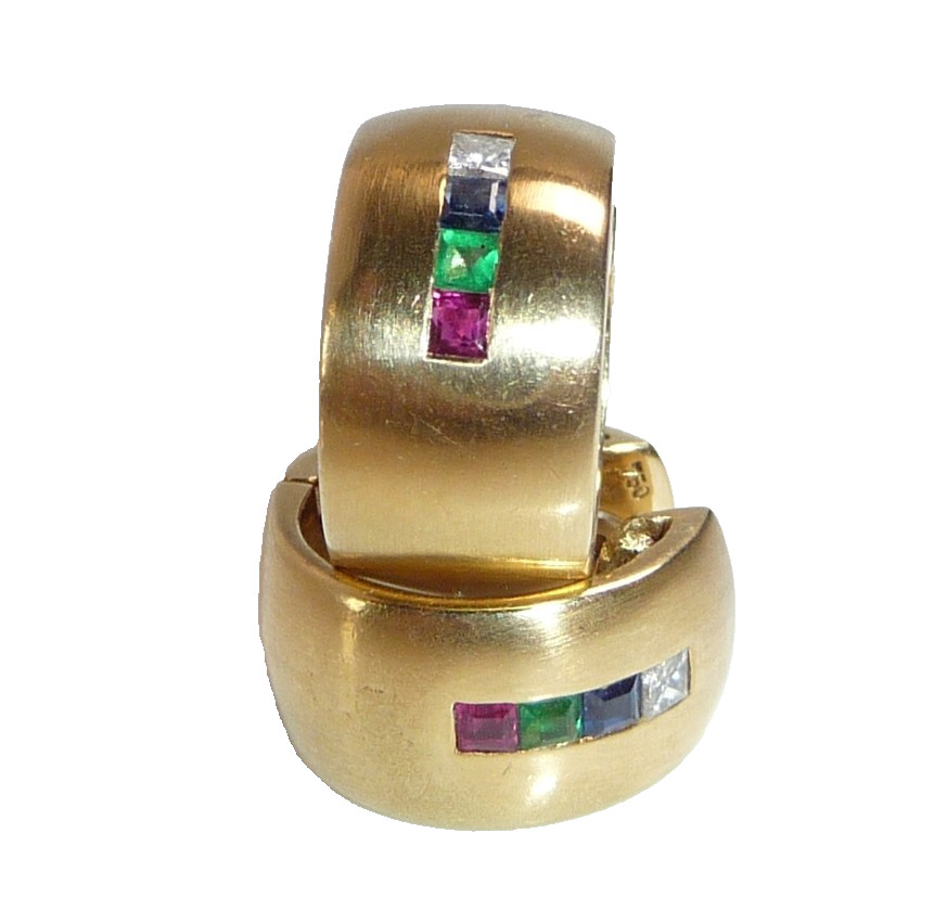 750 Yellow Gold Ruby Sapphire Emerald Diamond Hoop Earrings 9 Grams 15mm