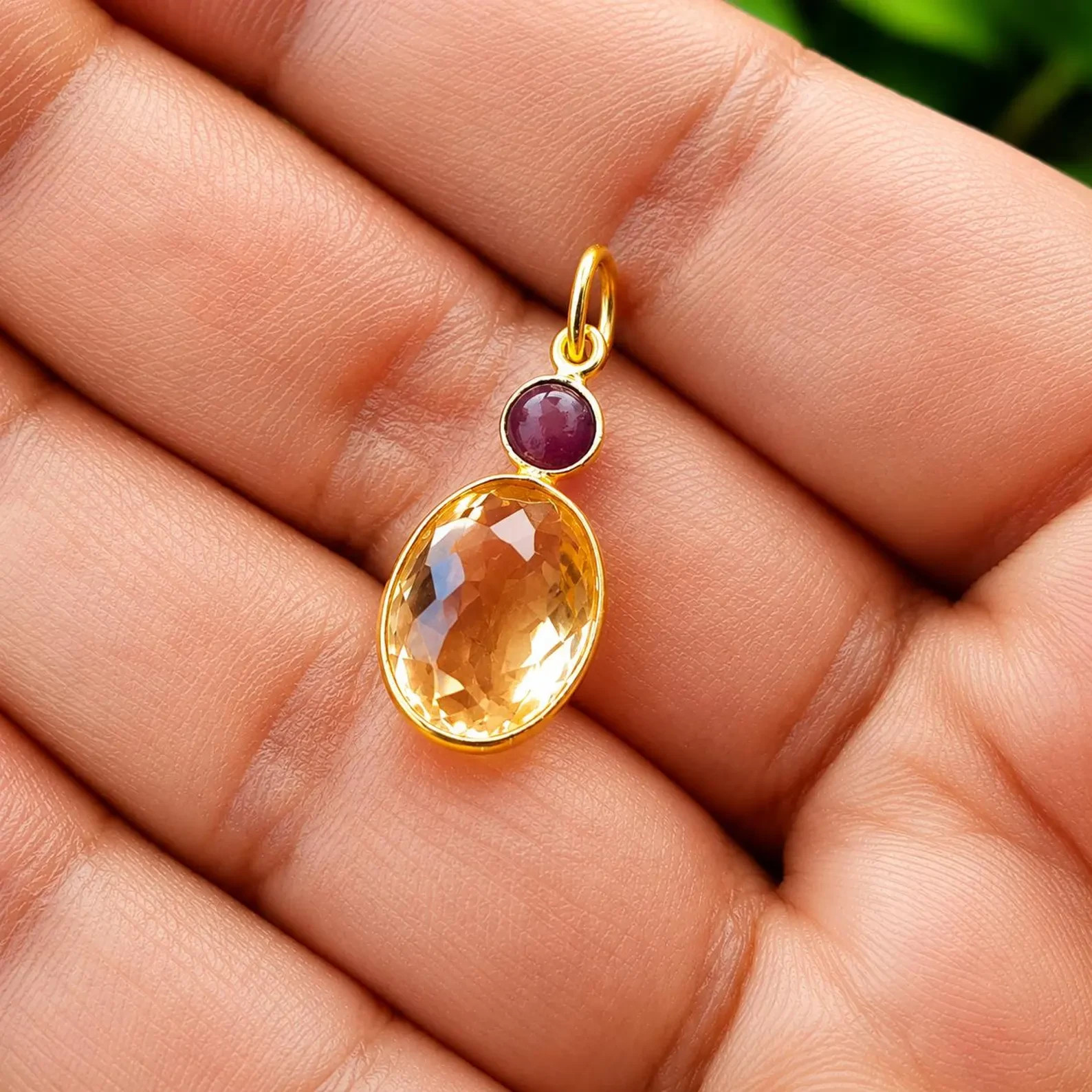 Natural Citrine And Amethyst Gem Charm ,18k Yellow Gold Handmade Pendant