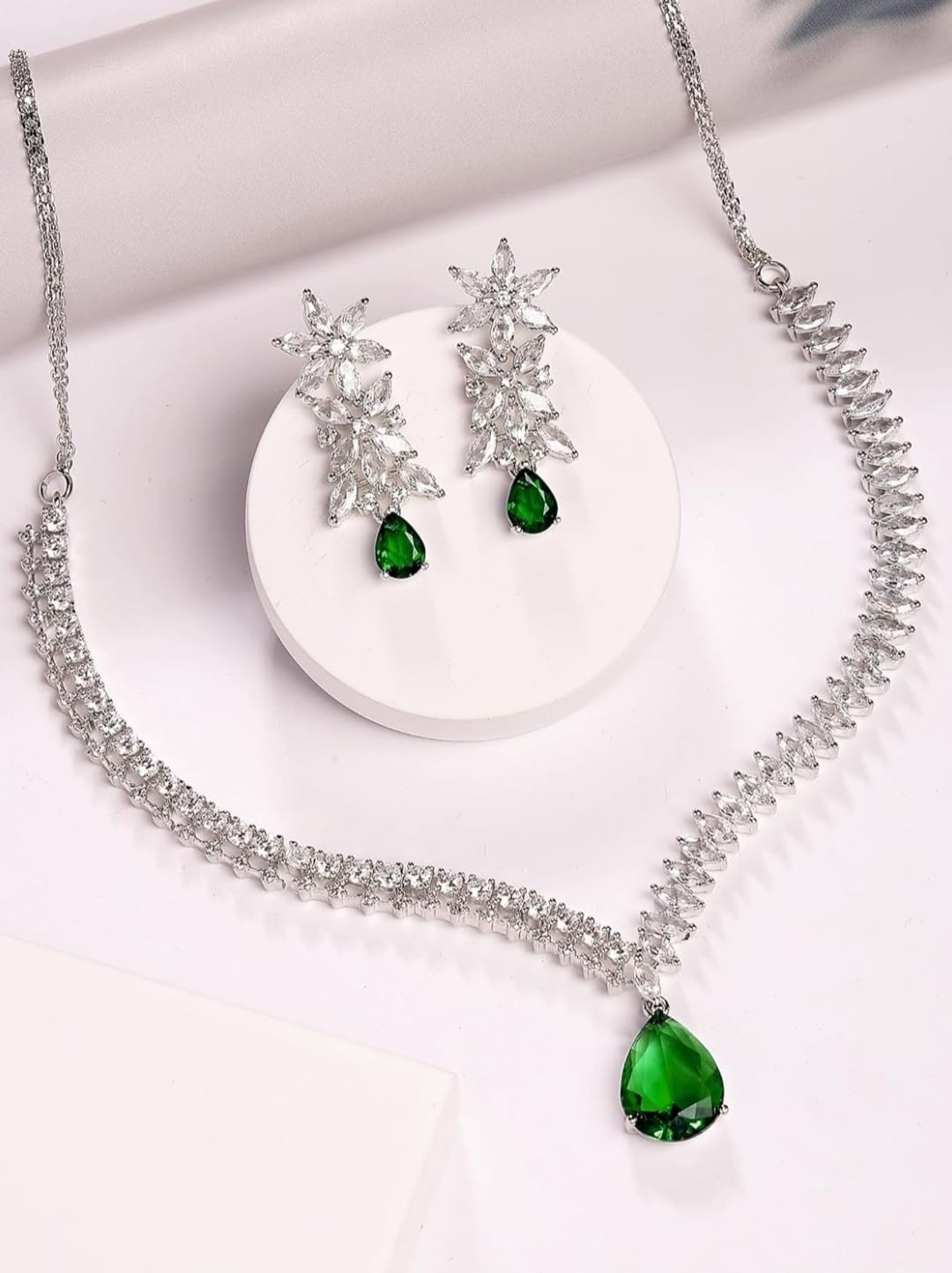Indian bollywood white/green stone necklace set with matching earrings for women