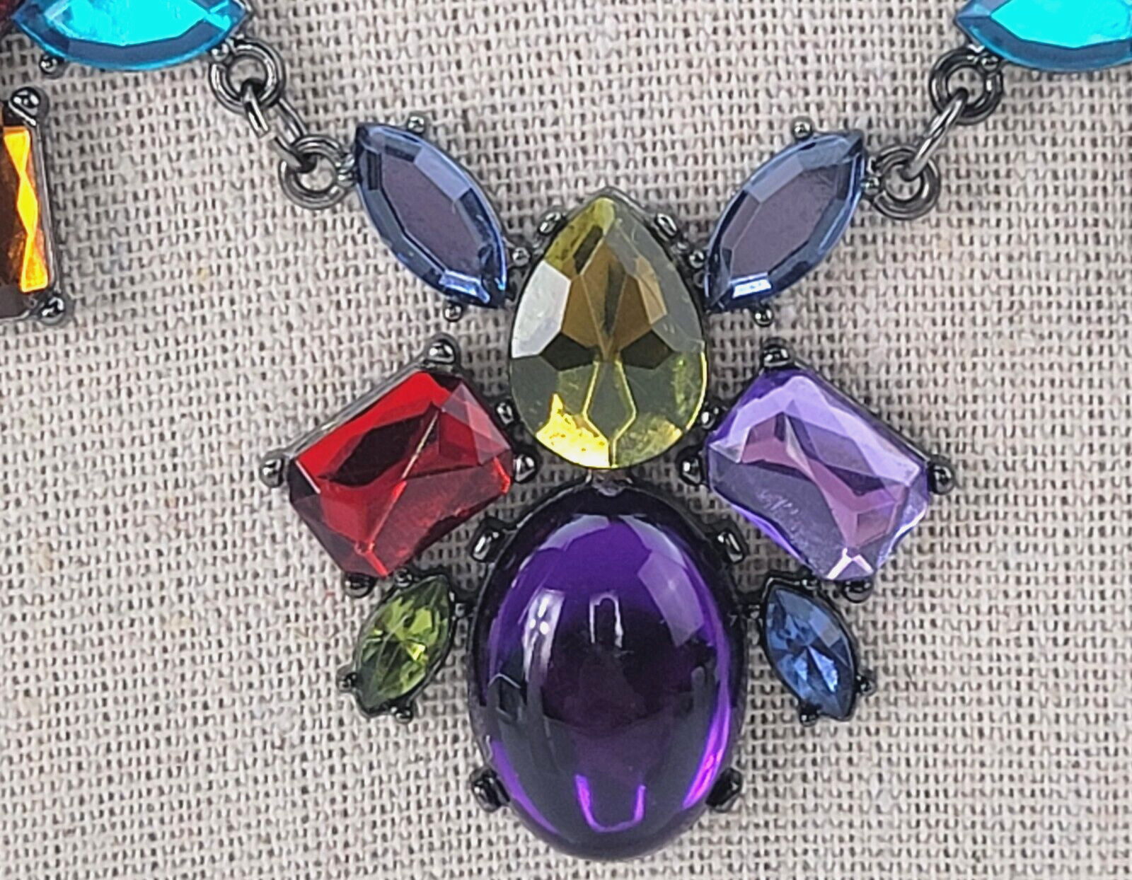 Multi Color Acrylic Faux-Gem Cabochon Statement Collar Necklace 20.5 in Gunmetal