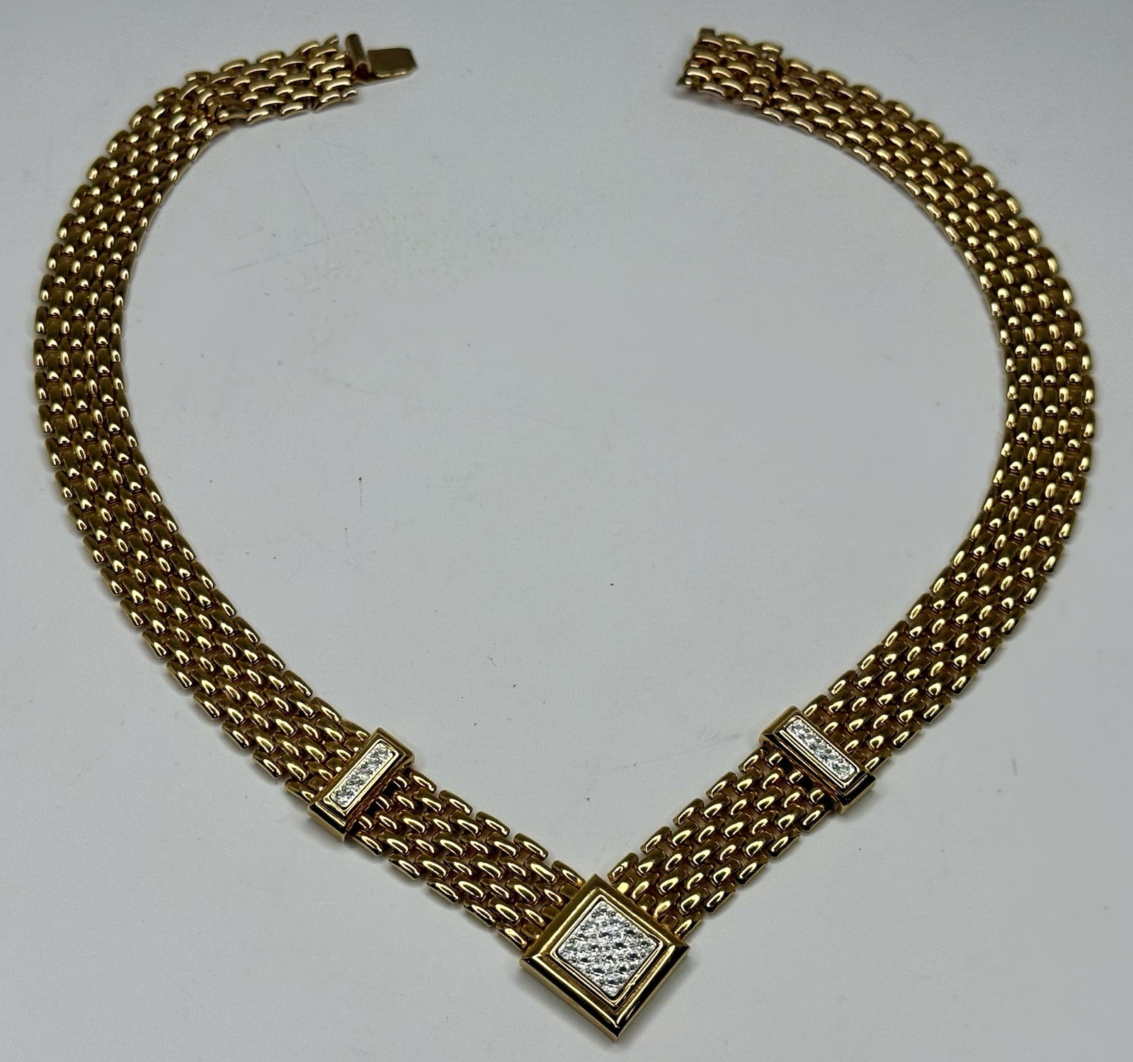 Vintage AVON Brick Chain V Shape Pave Rhinestone Push Lock GoldTone Necklace 16”