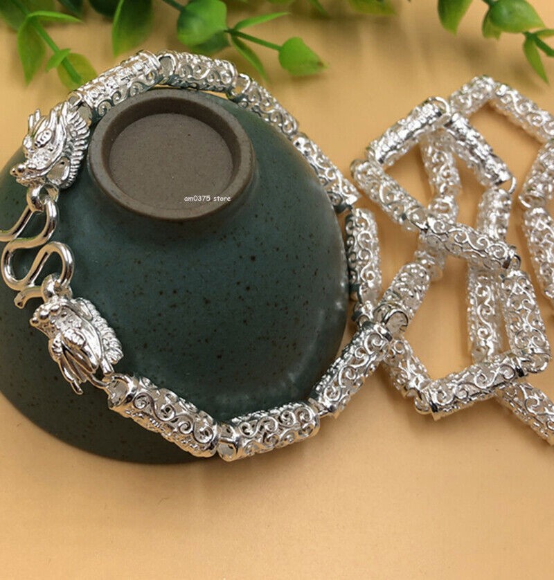 Pure 999 Fine Silver Chain 6mm Dragon Head Propitious Cloud Tube Beaded Necklace