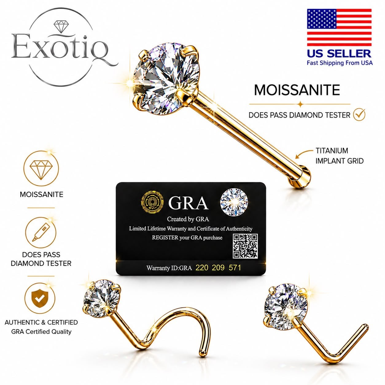 Moissanite Stone Titanium Nose Stud Piercing 18 Gauge Bol at End 18K Gold PVD
