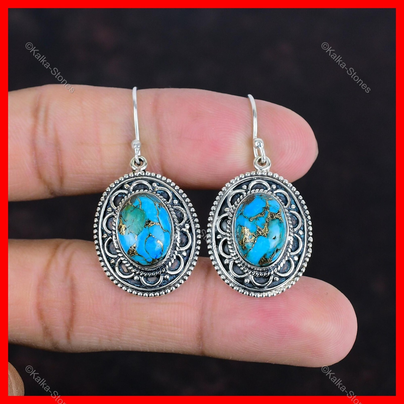 Sterling Silver Natural Copper Blue Turquoise Dangle Drop Hook Earrings Jewelry