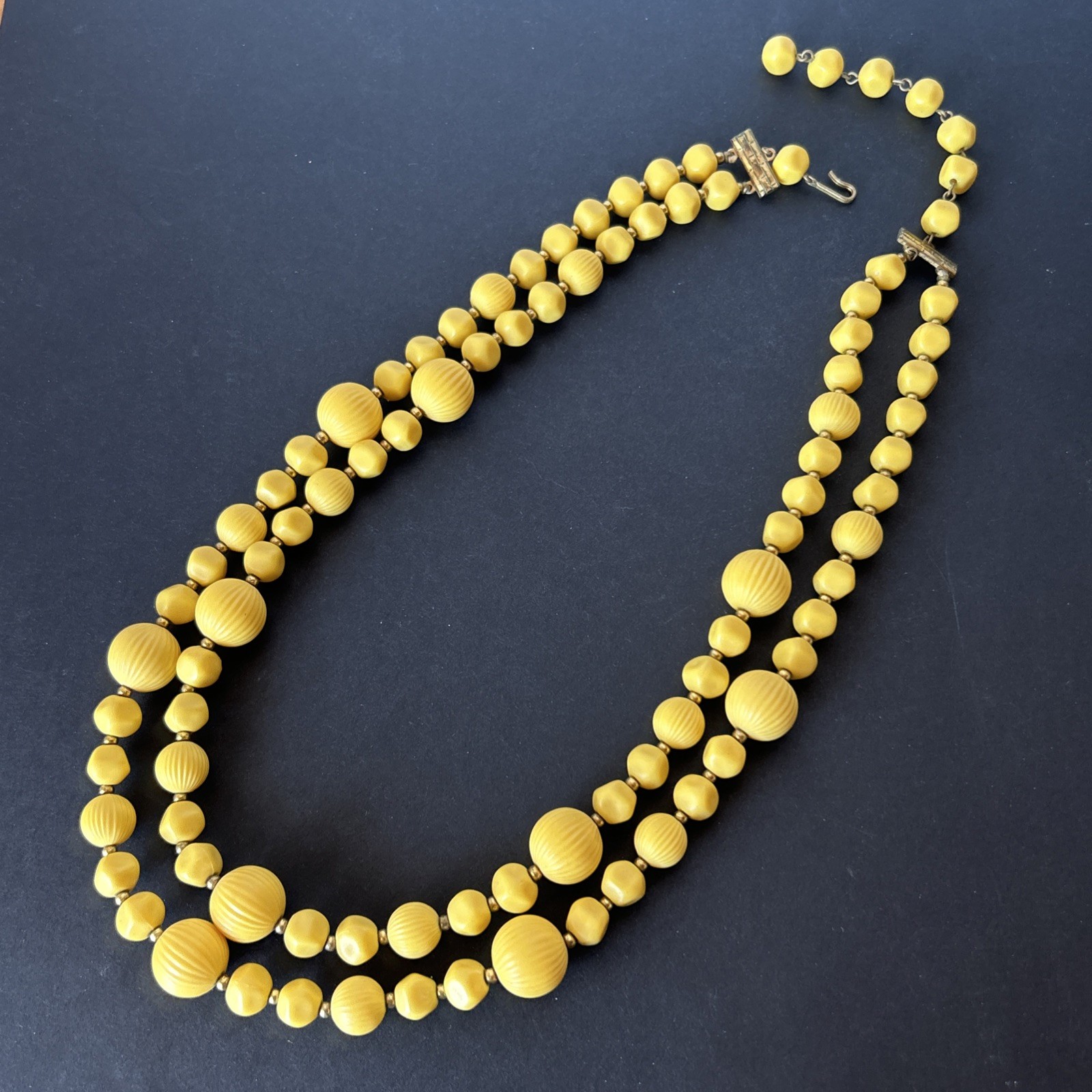 Vintage 2 Strand Yellow Beaded Necklace Textured Retro MCM Casual Woman’s 20″