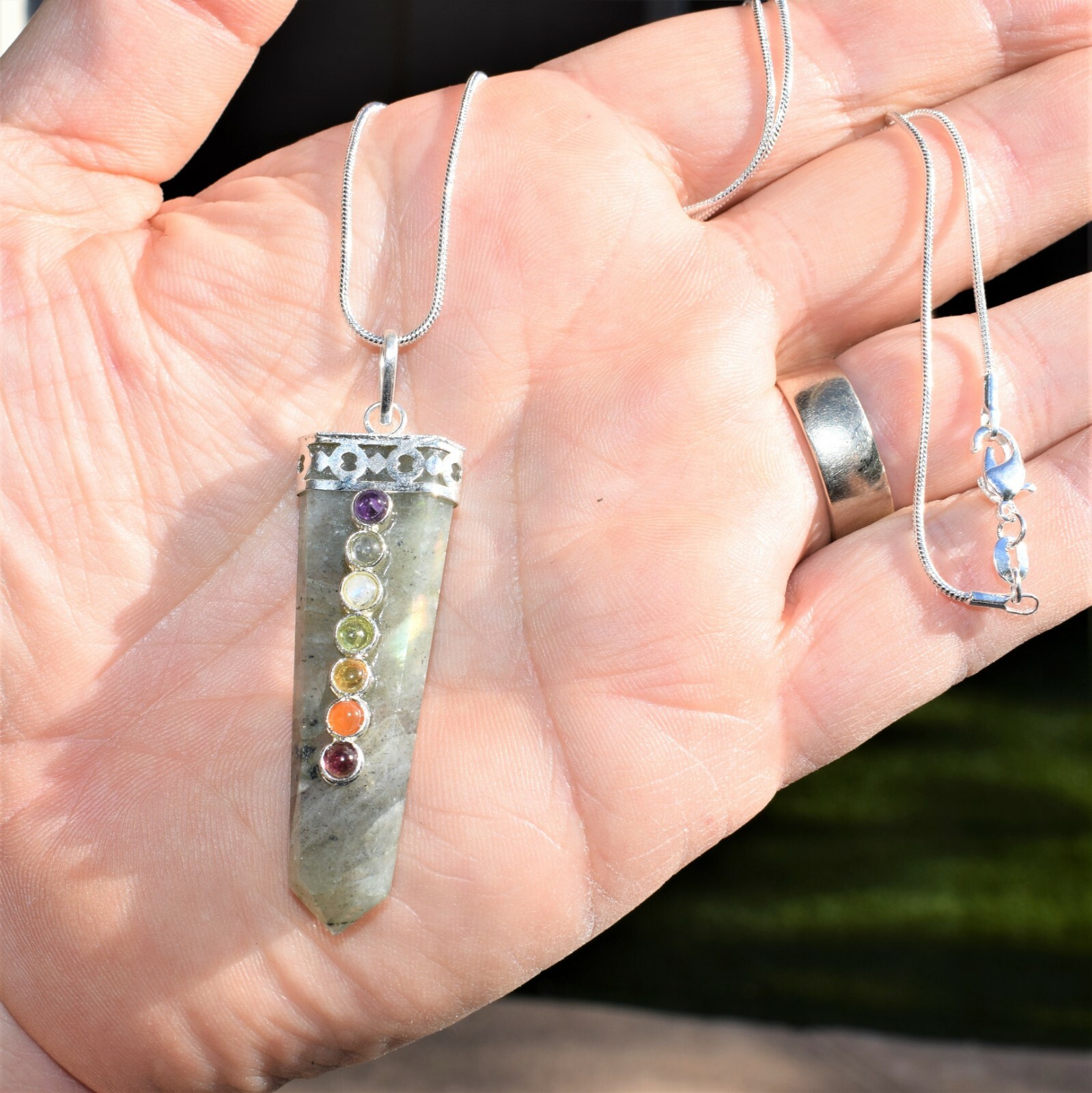 CHARGED 7 Chakra Labradorite Pendant + 20″ 20″ Stainless Steel Chain & Charger