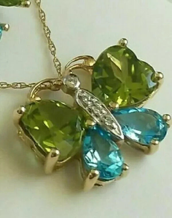 14K Yellow Gold Over Pear Blue Topaz Heart Peridot Diamond Butterfly Pendant 18