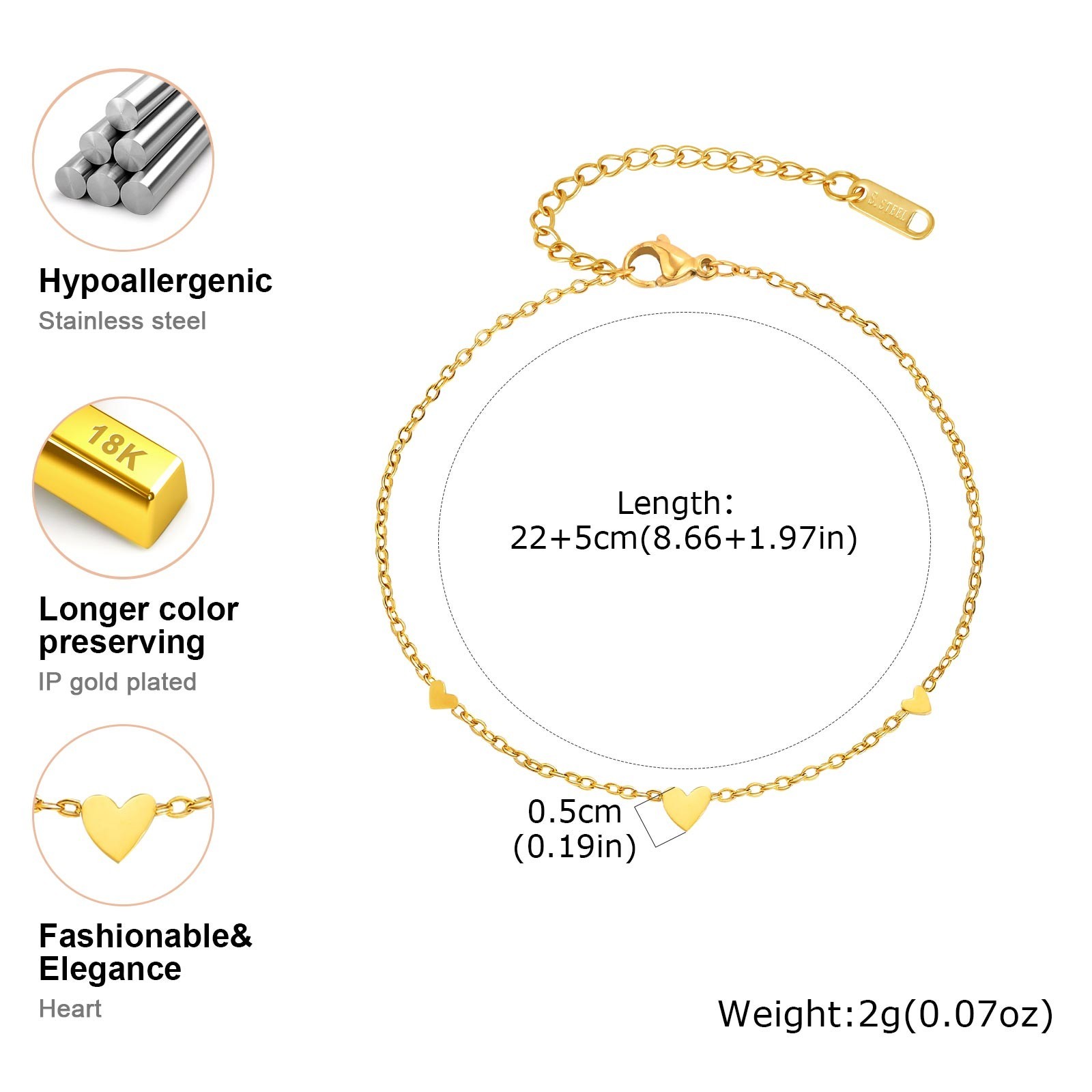 New Stainless Steel Heart Anklets for Women Gold Plated Delicate Anklet Bracelet