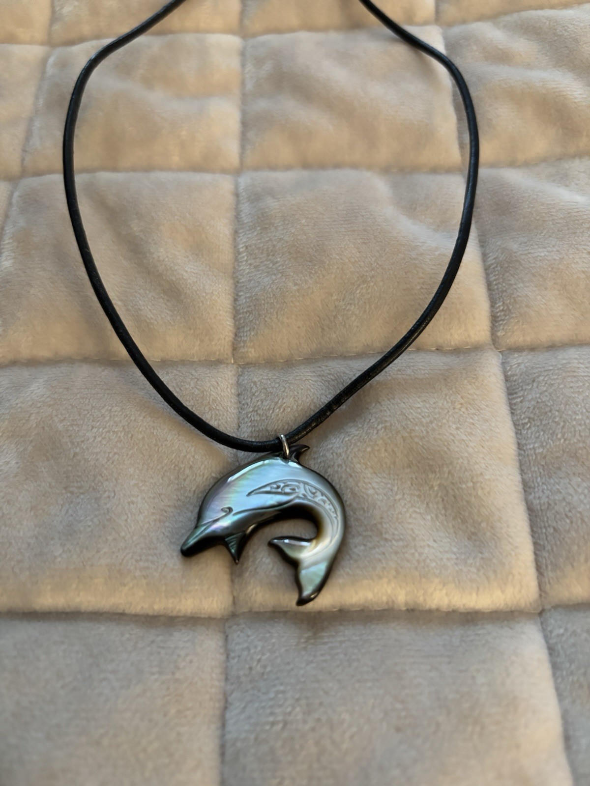 Black Wax Cord Mother of Pearl Dolphin Pendant Necklace – Women Jewelry