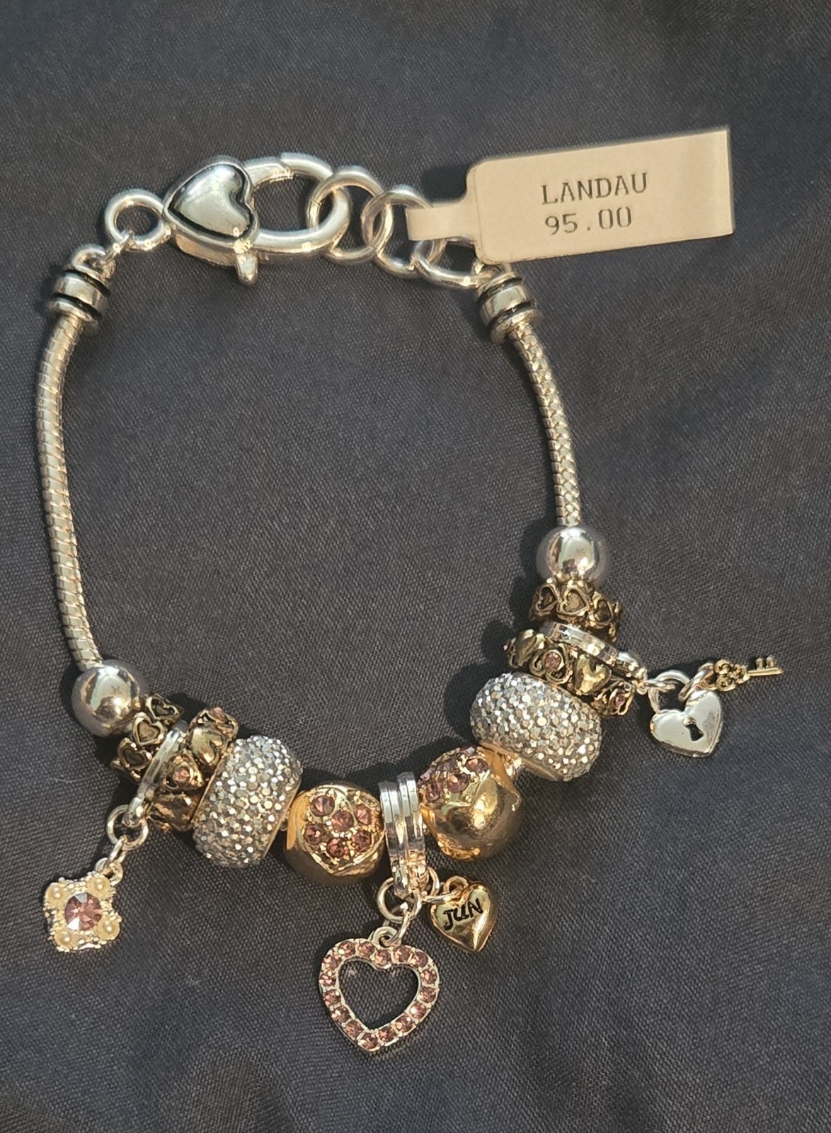 LANDAU Silver And Goldtone JUNE Charm Bracelet With Crystal Accents NWT