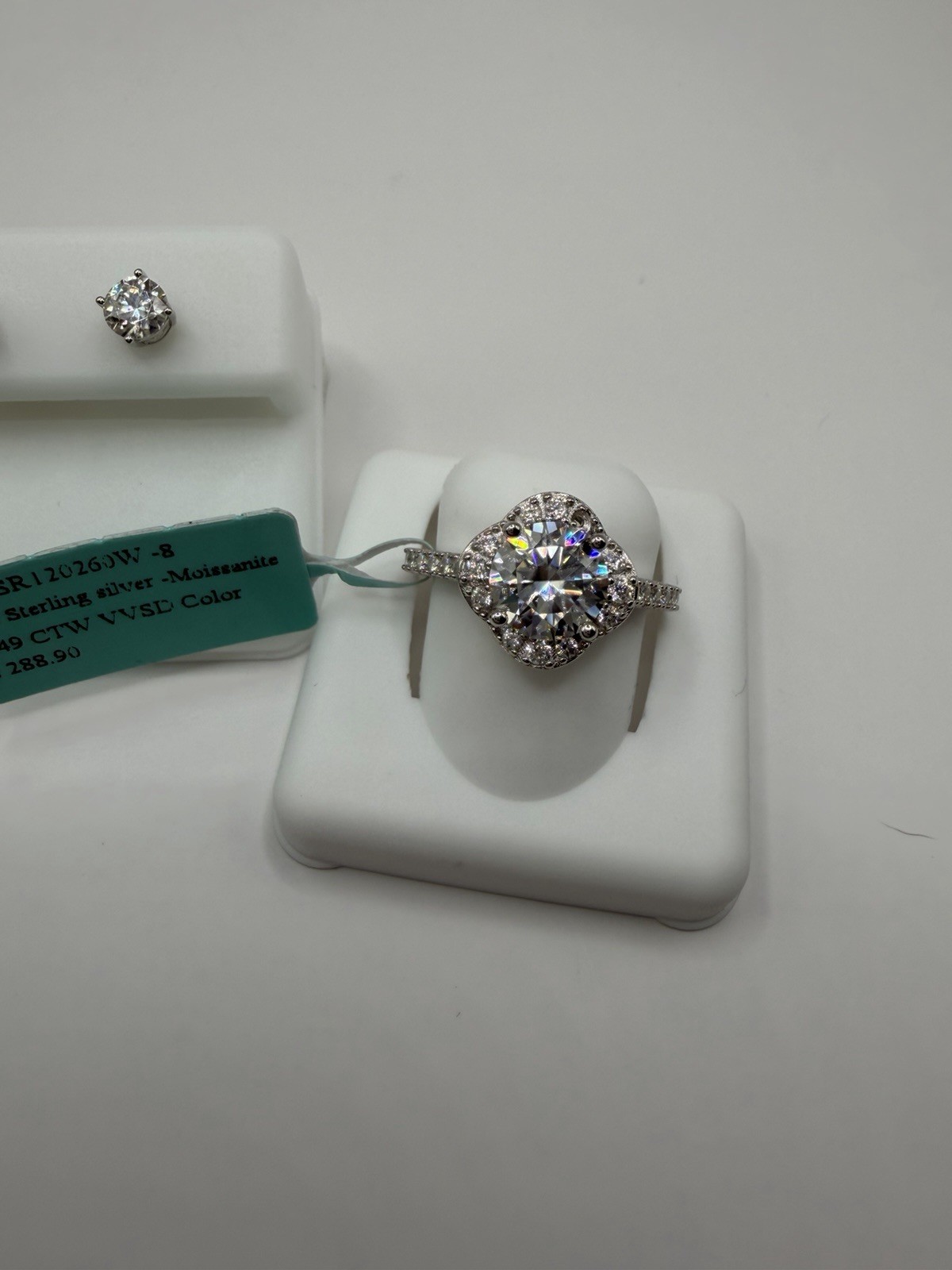 Stamped 925 Sterling Silver Moissanite Round Prong Halo Solitaire Ring Size 8