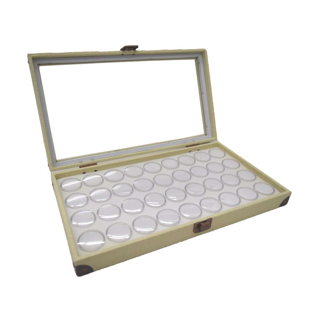Novel Box Glass Top Linen Metal Clasp Jewelry Display Case With Gem Jar Insert