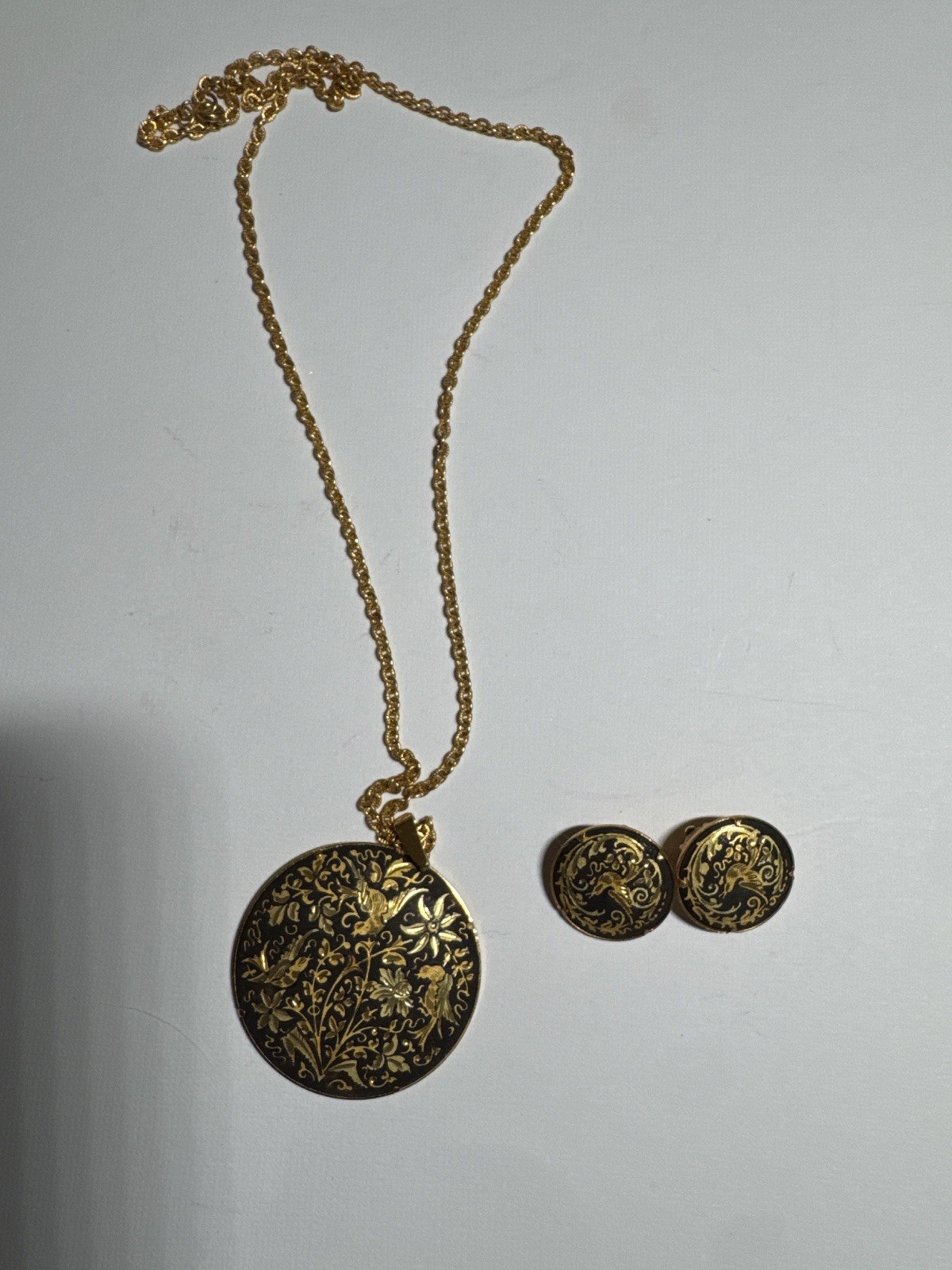 Vintage Spanish Damascene Necklace & Clip-On Earrings Set Birds & Floral Design