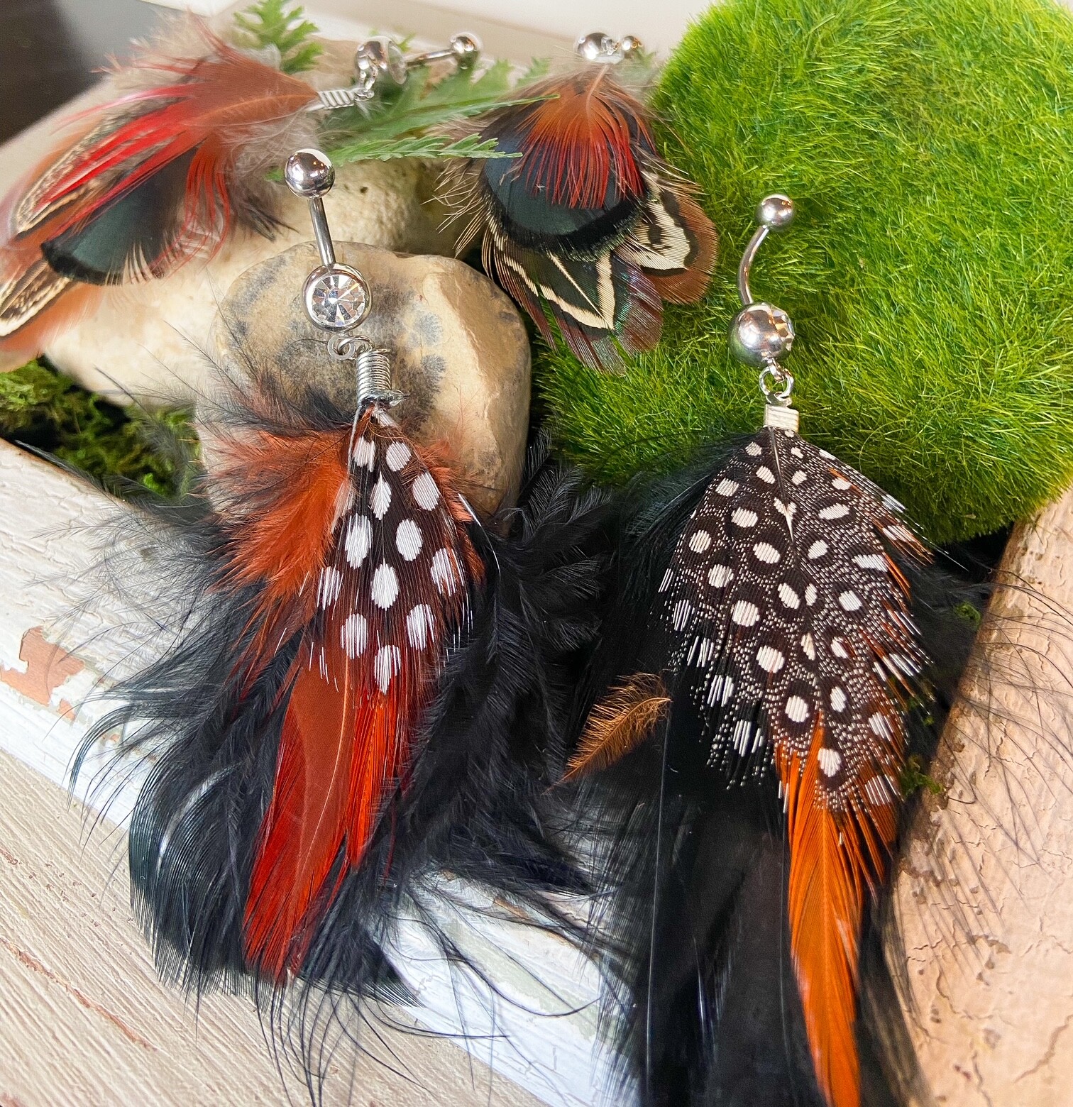 Real Feather Gem Belly Ring Navel Naval Black,Orange,White,Brown,Pink,Green,Red