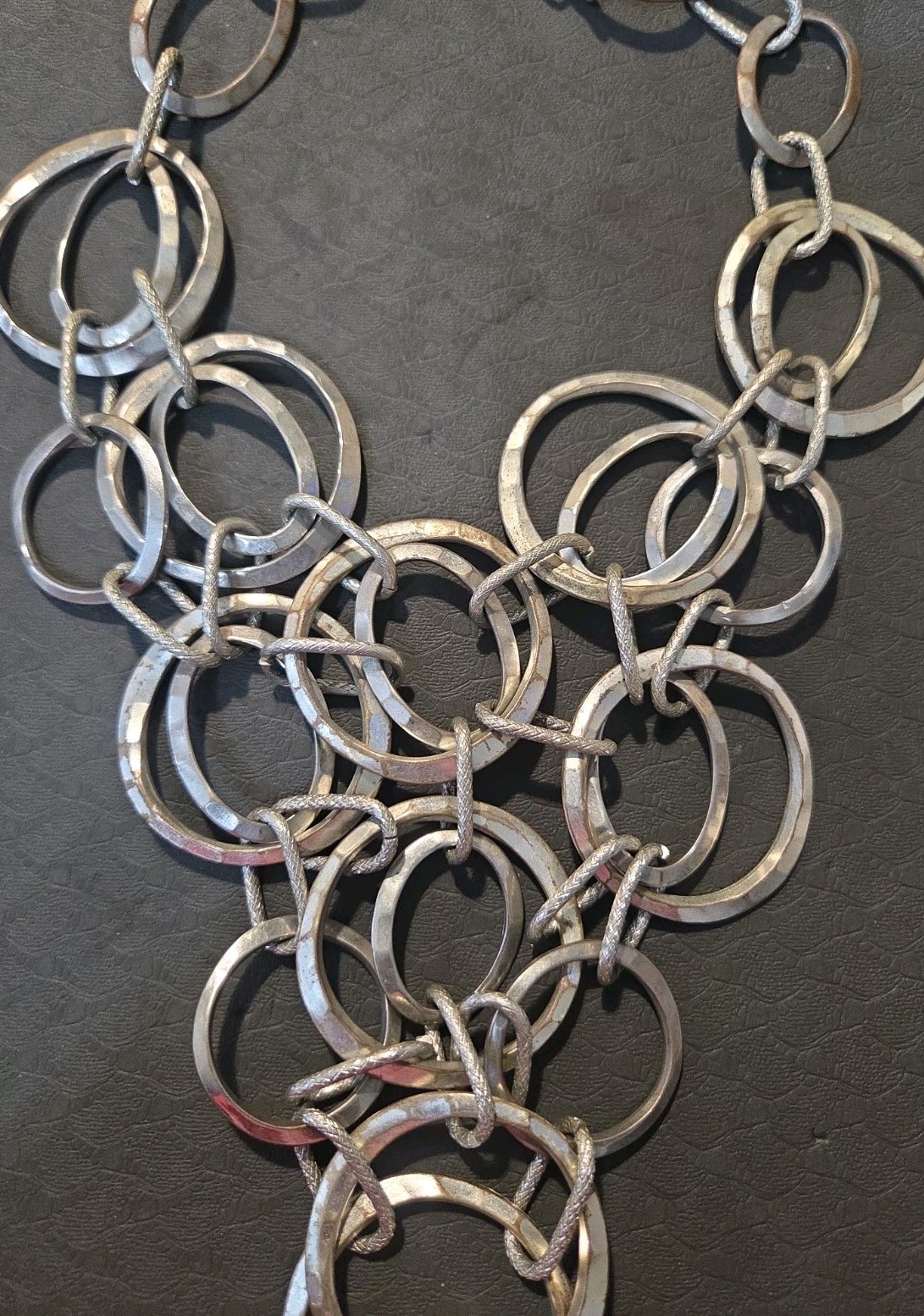 CHICO Silver Tone Statement Link Necklace Heavy Modern Mixed Ring Design 157g