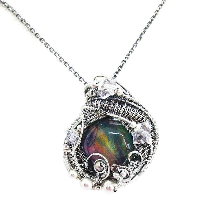 Aurora Opal Wire-Wrapped Pendant in Sterling Silver with Herkimer Diamonds