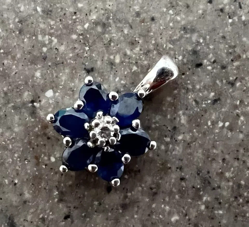 14K White Gold Plated Blue Sapphire Lab Created Diamond Flower Pendant Necklace