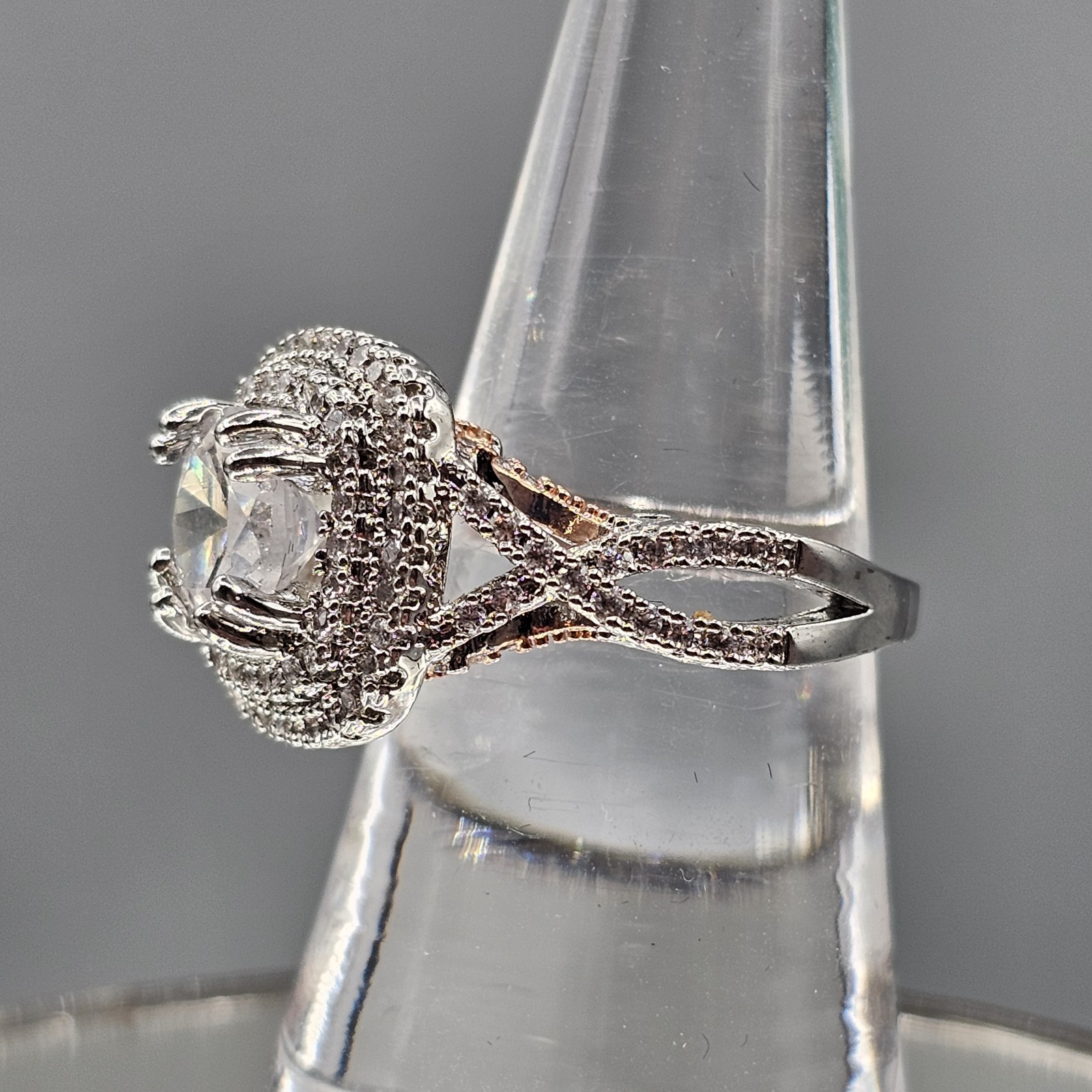 CZ Engagement Cocktail Ring Two Tone Double Halo Open Work Band Size 6.75