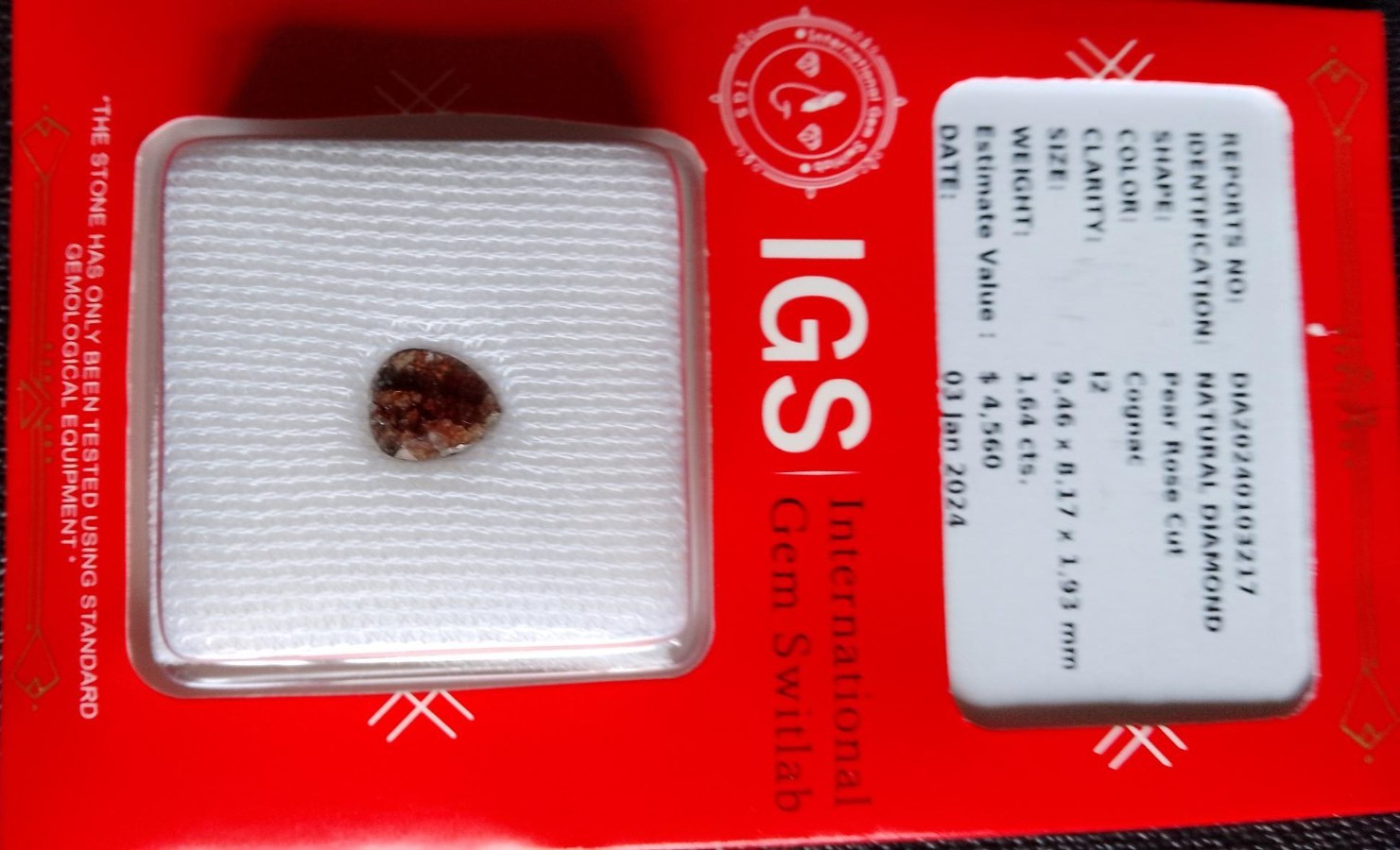 1.64ct Cognac Diamond, NATURAL PEAR ROSE CUT, new/sealed, IGS certified