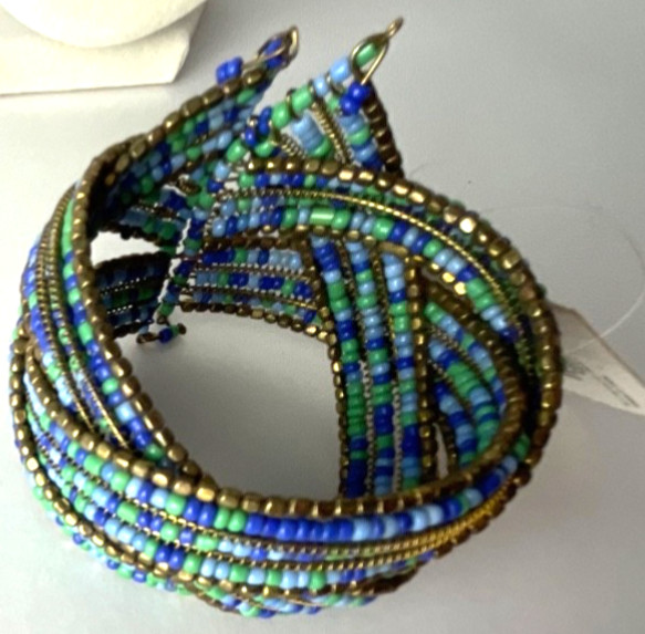 World Market Bohemian Bead Bracelet Blue Brown Green Wire Cuff Brand New