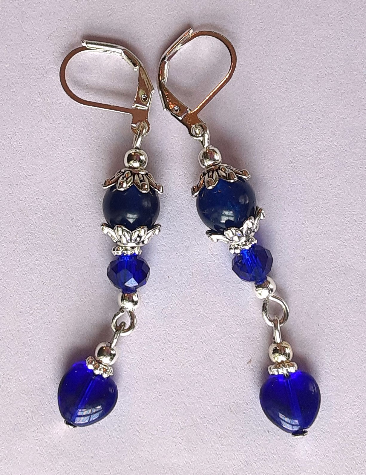 COBALT BLUE JADE & CZECH HEART DANGLE earring SP LEVER BACK artisan #612