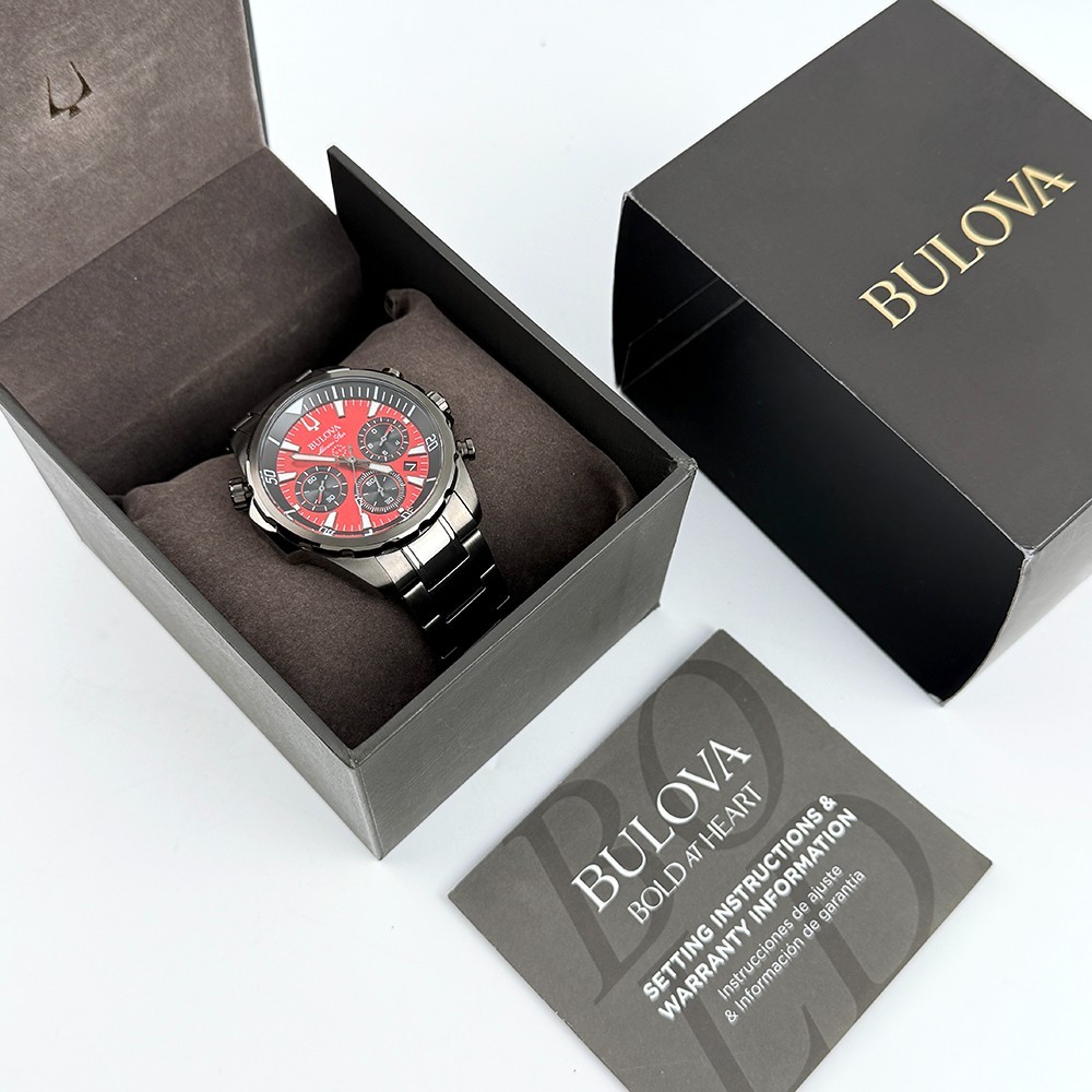 Bulova 98B350 Men’s Marine Star Chronograph Quartz Red Dial Stainless Watch 43mm